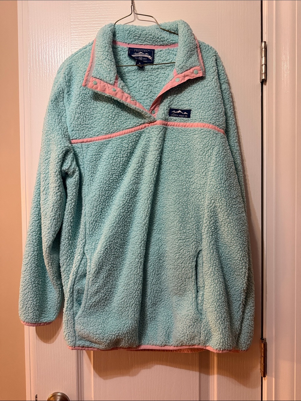 Lauren James Aqua Fleece Pullover with Pink Trim